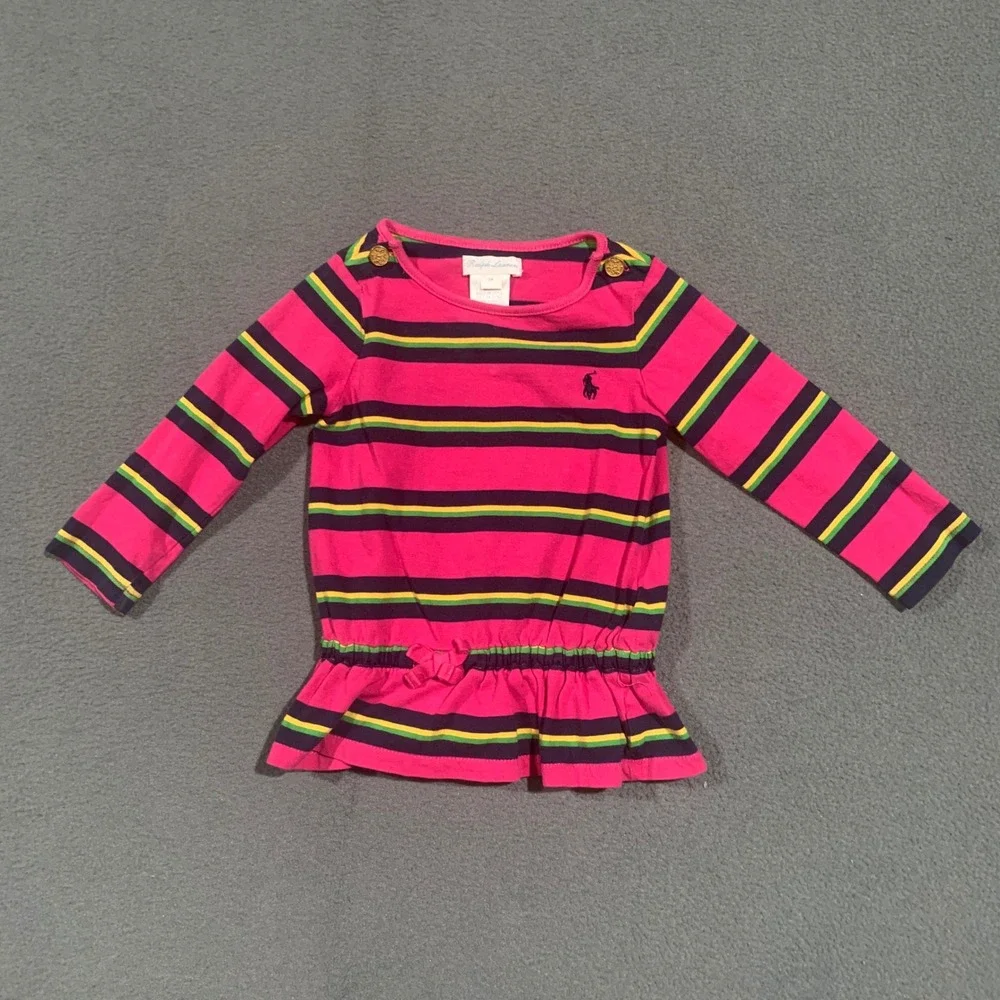 Ralph Lauren Baby Girls Pink Green Striped Peplum Bow Long Sleeve Shirt 9 Months